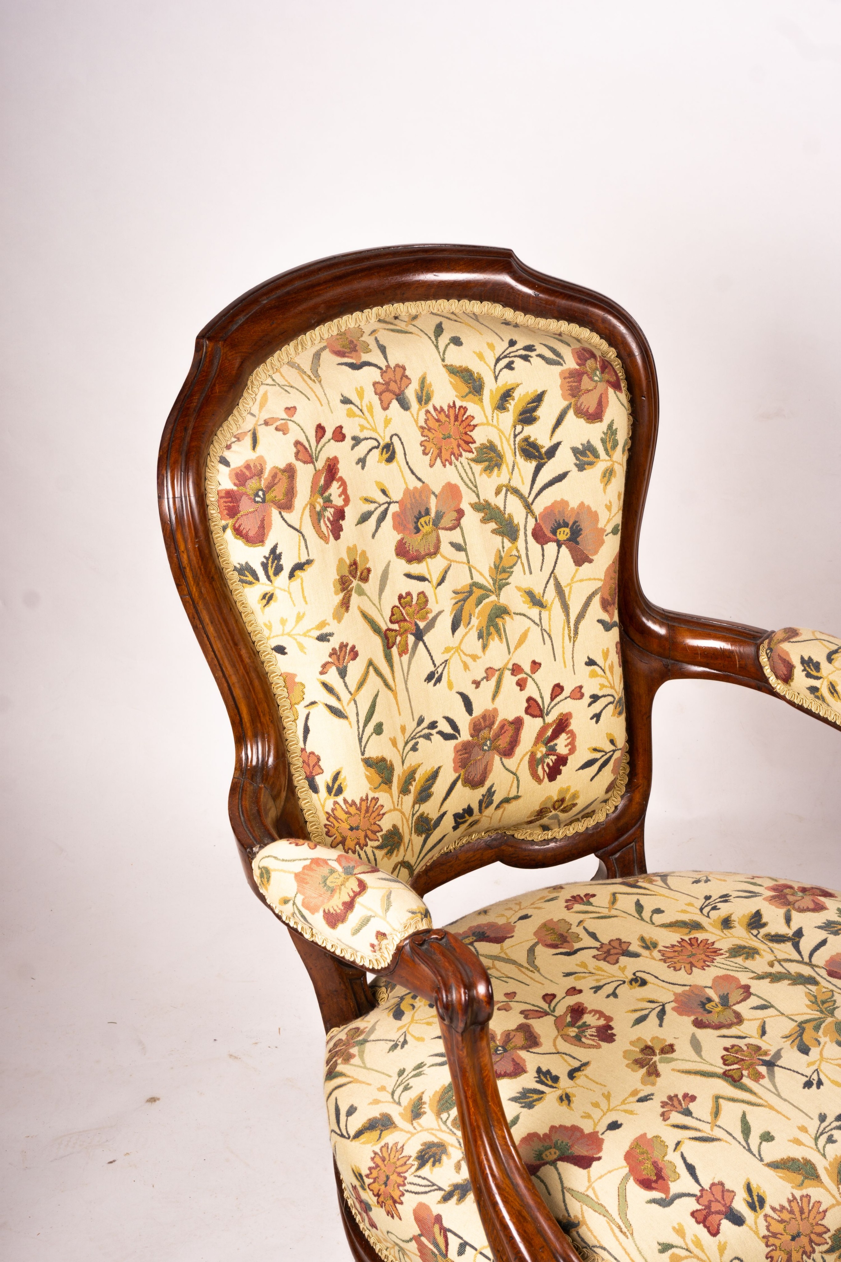 A pair of French mahogany framed open armchairs, width 60cm, depth 50cm, height 100cm